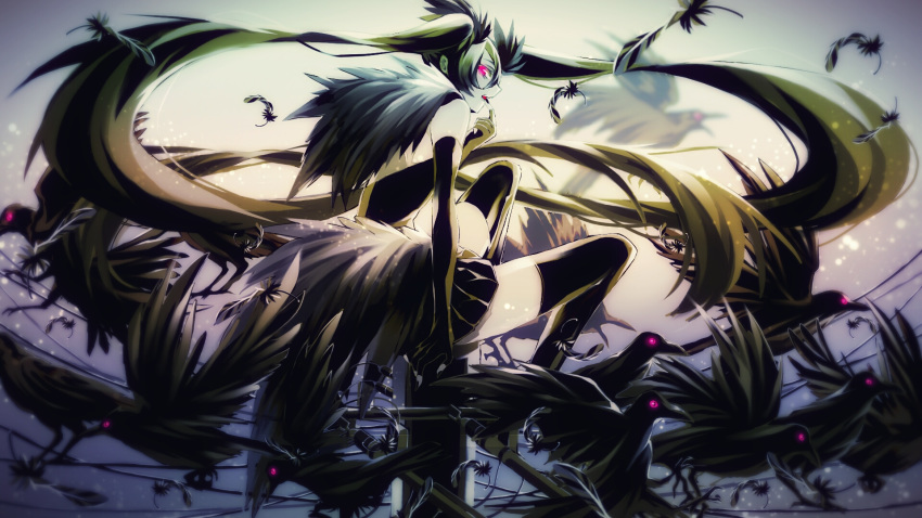 1055 1girl bird crow elbow_gloves feather_hair_ornament feather_trim feathers finger_to_mouth fingerless_gloves gloves glowing glowing_eye green_hair hatsune_miku highres long_hair looking_to_the_side red_eyes skirt starry_background telephone_pole thighhighs very_long_hair vocaloid