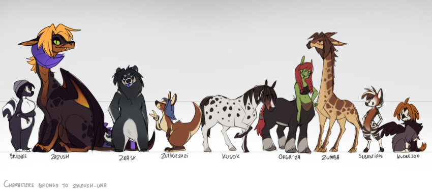 2020 anthro avian beak belly_scales biped black_beak black_body black_ears black_feathers black_fur black_hair black_hooves black_mane black_nose black_scales black_spots black_tail black_text black_wings blue_hair braided_hair brown_body brown_countershading brown_ears brown_fur brown_hair brown_inner_ear brown_scales brown_spots character_name claws clothing cloven_hooves countershade_arms countershade_feet countershade_hands countershade_legs countershade_tail countershade_torso countershade_wings countershading curled_horn digital_media_(artwork) dragon english_text equid equid_taur equine equine_taur eyes_closed feathered_wings feathering feathers feral fur giraffe giraffid gloves_(marking) gradient_background green_body green_eyes green_skin grey_background grey_body grey_clothing grey_countershading grey_feathers grey_fur grey_hat grey_headwear grey_hooves grey_text group gryphon hair hat headgear headwear hooves horn horse humanoid_taur hybrid kangaroo leg_markings looking_aside looking_at_viewer macropod mammal mammal_taur mane markings marsupial membrane_(anatomy) membranous_wings mephitid multicolored_body multicolored_feathers multicolored_fur multicolored_scales mythological_avian mythology okapi one_leg_up orange_countershading orange_hair orange_membrane orc pupils purple_body purple_horn purple_scales purple_stripes purple_tail purple_tongue quadruped raised_leg raised_tail red_hair red_tail scales scalie simple_background sitting size_difference skunk slit_pupils smile socks_(marking) split_form spots spotted_body spotted_fur spread_wings standing striped_body striped_fur striped_scales striped_tail stripes tail_tuft tan_body tan_countershading tan_fur tan_hooves tan_inner_ear taur teeth text toeless_(marking) tongue tongue_out tuft tusks two_tone_body two_tone_fur two_tone_tail ursid western_dragon white_background white_body white_countershading white_feathers white_fur white_inner_ear white_stripes white_tail wings zazush-una