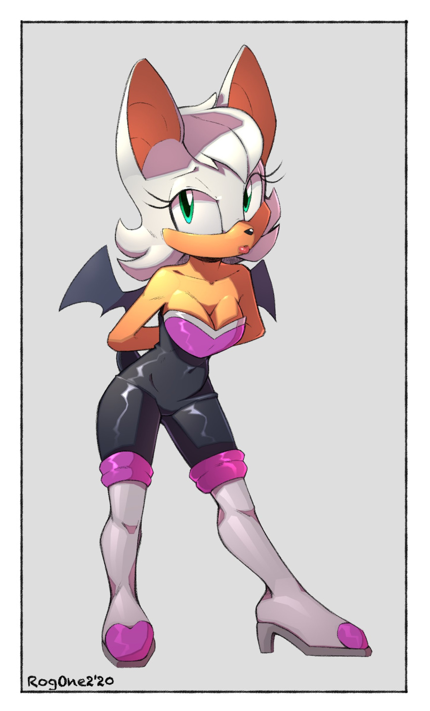 2020 anthro boots breasts chiropteran cleavage clothed clothing duckface female footwear full-length_portrait fully_clothed green_eyes hair hands_behind_back hi_res high_heels legwear looking_at_viewer mammal portrait qrog rouge_the_bat shoes solo sonic_the_hedgehog_(series) standing thigh_highs white_hair