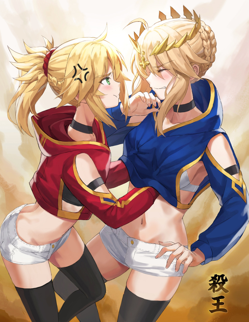 2girls ahoge anger_vein artoria_pendragon_(all) artoria_pendragon_(lancer) bangs black_legwear blonde_hair blush braid breasts choker closed_eyes detached_collar detached_sleeves fate/apocrypha fate/grand_order fate_(series) french_braid green_eyes hair_between_eyes hair_ornament hair_scrunchie highres hood hoodie large_breasts long_hair long_sleeves mordred_(fate) mordred_(fate)_(all) multiple_girls navel parted_bangs ponytail pout puffy_cheeks red_scrunchie scrunchie short_shorts shorts sidelocks small_breasts thighhighs thighs tonee white_shorts wince