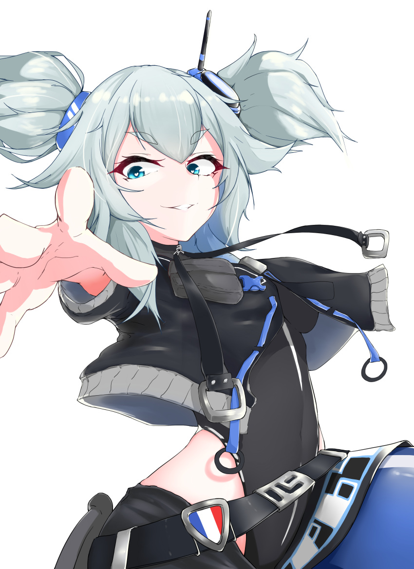 1girl absurdres alternate_costume belt black_bodysuit blue_eyes bodysuit eyebrows_visible_through_hair french_flag girls_frontline grey_hair hair_ribbon highres long_hair open_eyes open_mouth pa-15_(girls_frontline) ribbon saett smile solo twintails white_background