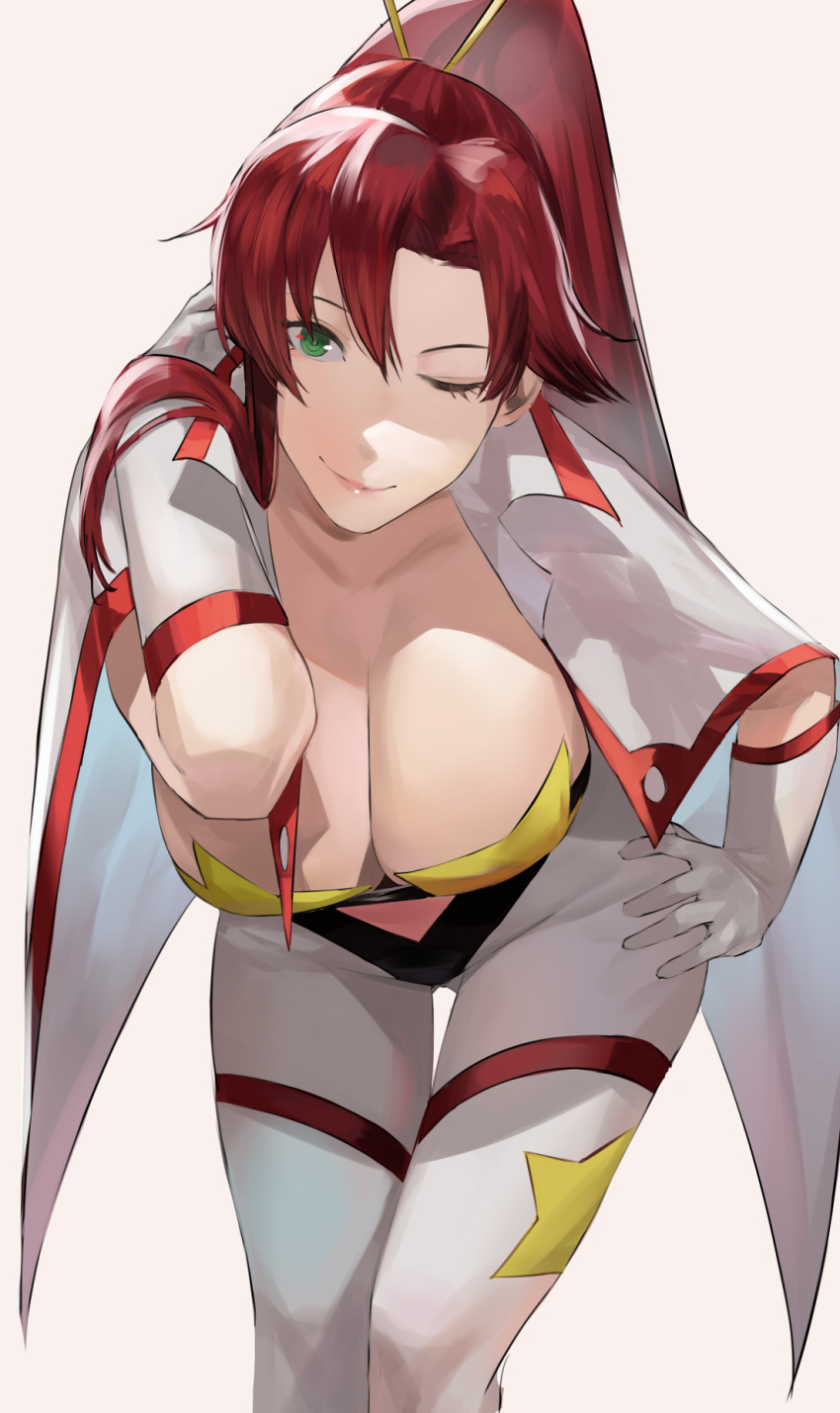 1girl adjusting_hair bandeau bent_over bikini bikini_top blazpu breasts cleavage gloves green_eyes grey_background hair_ornament hair_stick hand_on_hip highres leaning_forward lips midriff older one_eye_closed pants pasties red_hair solo space_yoko star_(symbol) star_pasties swimsuit tengen_toppa_gurren_lagann thighs tied_hair white_gloves white_pants yoko_littner