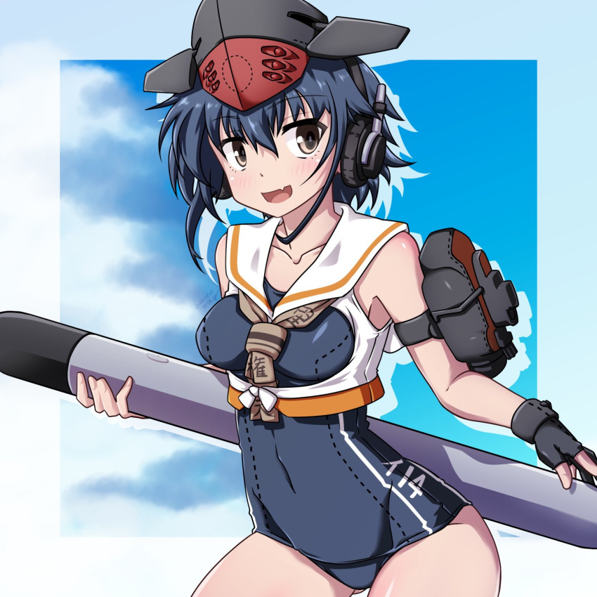 1girl 547th_sy asymmetrical_hair black_hair black_swimsuit blue_sky breasts brown_eyes brown_neckwear cloud cloudy_sky collarbone cowboy_shot fang framed_breasts gloves hair_between_eyes hat headphones highres i-14_(kantai_collection) kantai_collection neckerchief open_mouth partly_fingerless_gloves sailor_collar school_swimsuit shirt short_hair single_glove sky small_breasts smile solo swimsuit torpedo