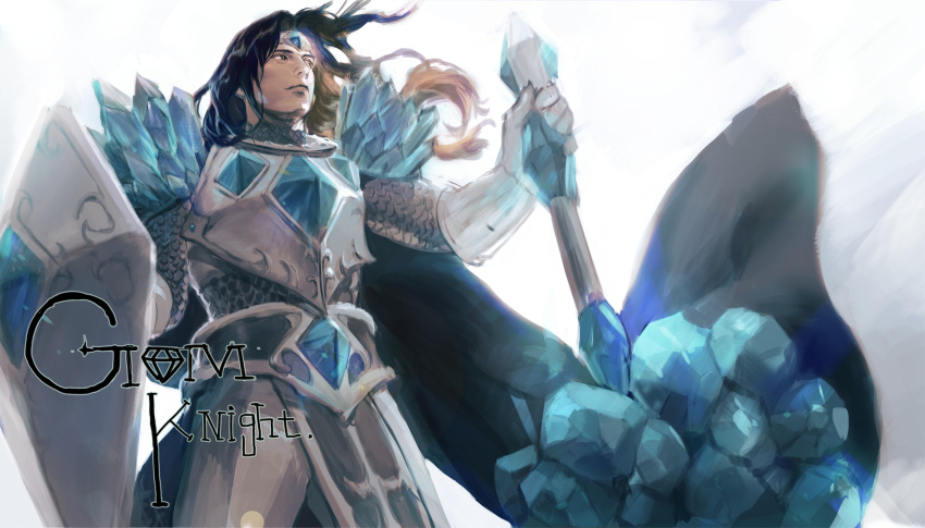 1boy armor black_hair chainmail gauntlets hammer highres league_of_legends long_hair male_focus papannola shield simple_background taric white_background