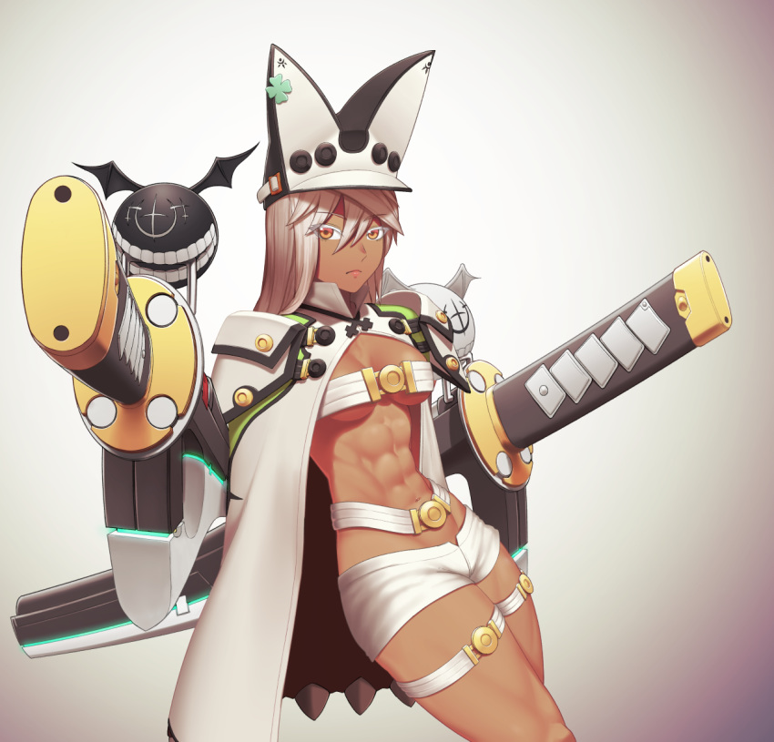 1girl abs bangs belt beltbra breasts cape closed_mouth commentary_request dark_skin eyebrows_visible_through_hair guilty_gear hair_between_eyes hat highres katana long_hair looking_at_viewer muscle muscular_female navel orange_eyes pink_lips putchers ramlethal_valentine sheath sheathed short_shorts shorts silver_hair solo sword thigh_strap weapon
