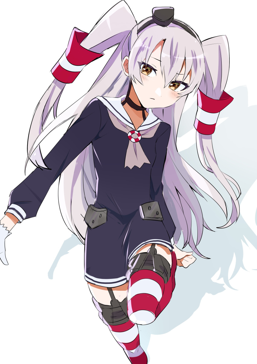 1girl absurdres amatsukaze_(kantai_collection) brown_eyes dress garter_straps gloves grey_neckwear hair_tubes hat head_tilt highres kantai_collection lifebuoy_ornament long_hair looking_at_viewer mini_hat neckerchief red_legwear sailor_collar sailor_dress shadow short_dress silver_hair simple_background single_glove smokestack_hair_ornament solo standing standing_on_one_leg striped striped_legwear thighhighs toriniku_senshi_chikinman two_side_up white_background white_gloves white_sailor_collar windsock