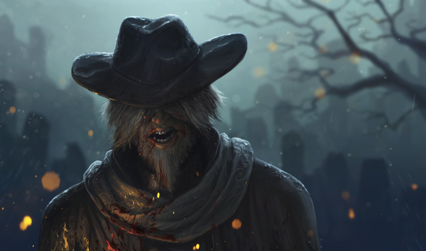 1boy bangs bare_tree beard black_headwear blindfold bloodborne blurry cloak commentary_request depth_of_field embers face facial_hair facing_viewer fangs father_gascoigne grey_hair hat highres holding long_hair male_focus open_mouth outdoors rain satoyuki scarf short_hair solo teeth tombstone tree