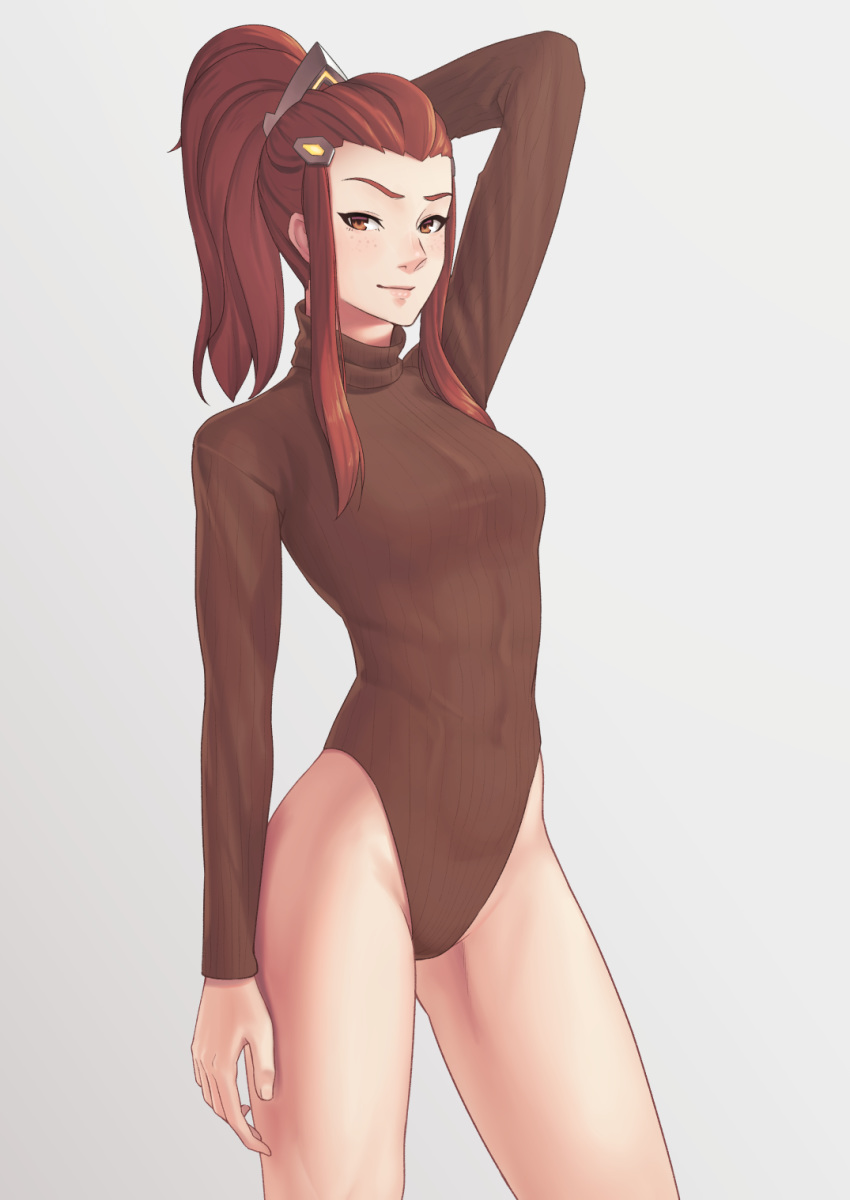 1girl arm_at_side blush breasts brigitte_(overwatch) brown_eyes brown_hair closed_mouth commentary_request eyelashes fingernails freckles hand_behind_head highres long_hair long_sleeves looking_at_viewer overwatch ponytail putchers ribbed_sweater sidelocks simple_background smile solo sweater thighs turtleneck_leotard