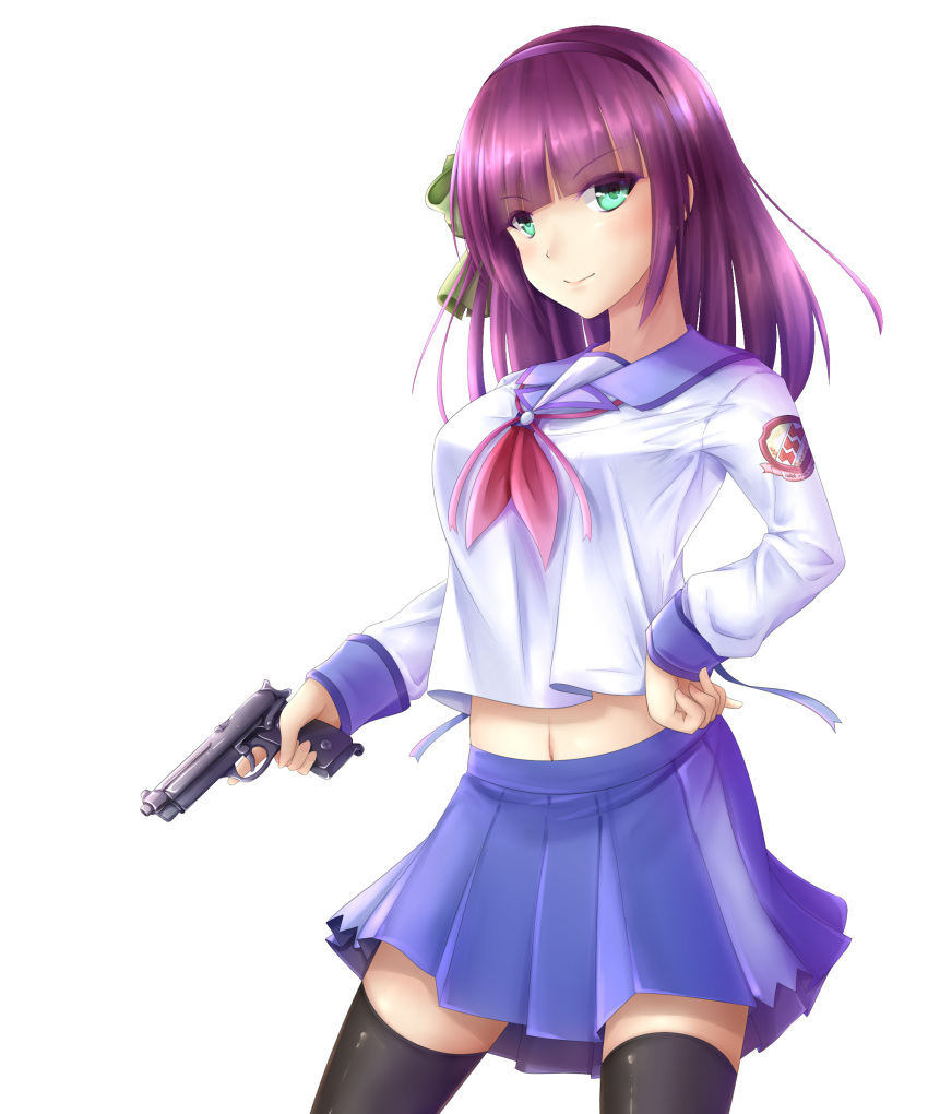 1girl absurdres angel_beats! bangs black_legwear blue_ribbon blue_sailor_collar blue_skirt blunt_bangs bow closed_mouth collared_shirt eyebrows_visible_through_hair green_bow grey_eyes gun hair_bow hairband hand_on_hip handgun highres holding holding_gun holding_weapon long_hair long_sleeves looking_at_viewer midriff miniskirt navel neckerchief pleated_skirt purple_hair purple_hairband red_neckwear ribbon sailor_collar sailor_shirt seiya_(iiseven) shiny shiny_hair shirt simple_background skirt smile solo standing stomach thighhighs weapon white_background white_shirt yuri_(angel_beats!) zettai_ryouiki