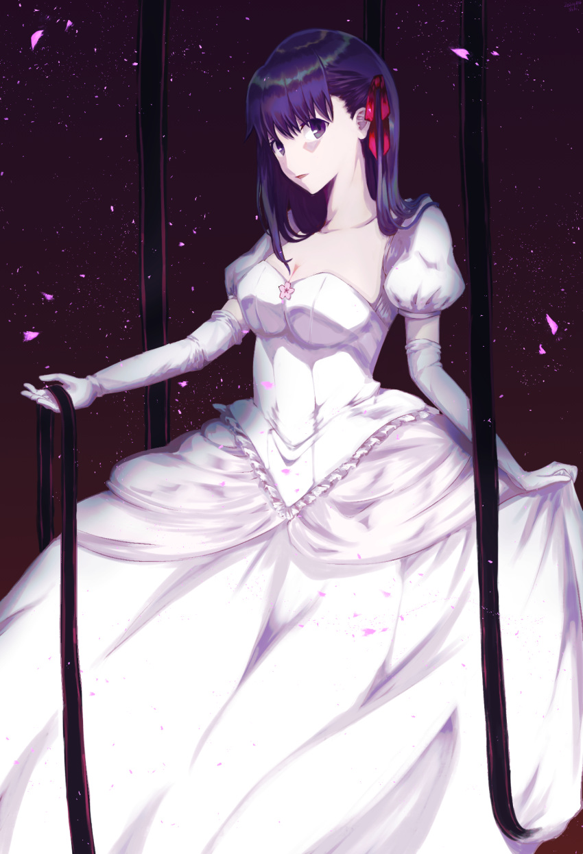 1girl bangs breasts cleavage closed_mouth collarbone dress elbow_gloves fate/stay_night fate_(series) gloves hair_ribbon haraitai highres lipstick long_dress long_hair looking_at_viewer makeup matou_sakura medium_breasts purple_eyes purple_hair red_ribbon ribbon shiny shiny_hair short_sleeves solo standing white_dress white_gloves