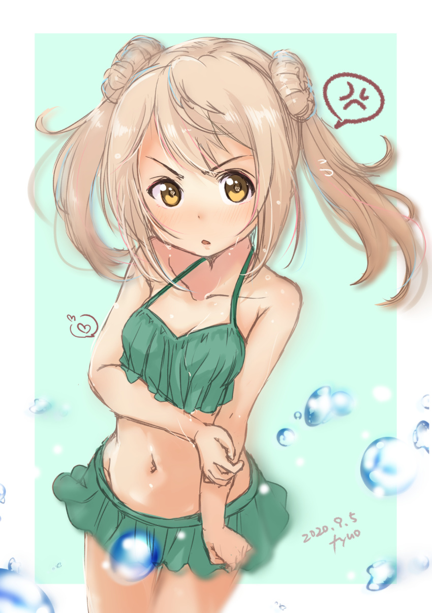 1girl anger_vein aqua_background artist_name bikini bikini_skirt border cowboy_shot dated double_bun droplet frilled_bikini frills fyuo green_bikini highres kantai_collection kasumi_(kantai_collection) light_brown_hair looking_at_viewer michishio_(kantai_collection) navel short_hair short_twintails solo spoken_anger_vein standing swimsuit twintails two-tone_background white_border yellow_eyes