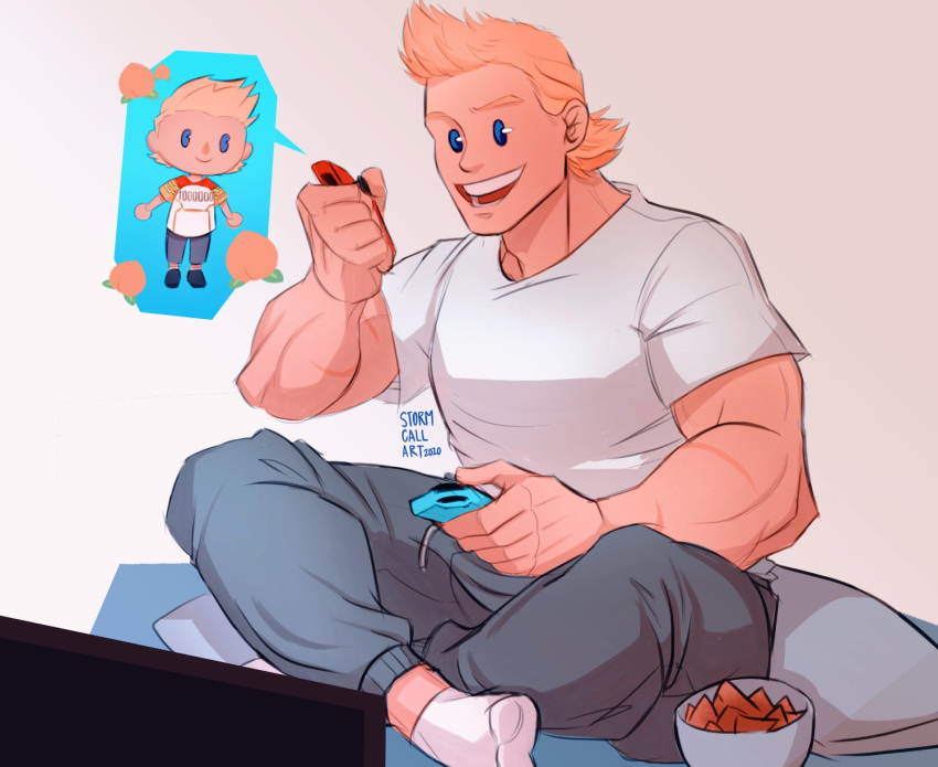 1boy bara blonde_hair blue_eyes boku_no_hero_academia crossed_legs doubutsu_no_mori full_body happy highres male_focus muscle pants phone scar shirt short_hair smile socks solo spiked_hair stormcallart toogata_mirio track_pants