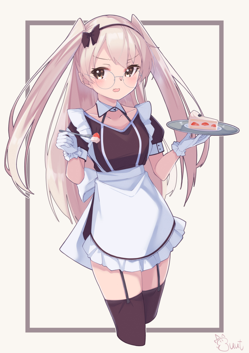 1girl absurdres alternate_costume amatsukaze_(kantai_collection) apron bespectacled brown_dress brown_eyes cake cake_slice commentary_request cowboy_shot cropped_legs dress enmaided food fork frilled_apron frills garter_straps glasses gloves highres kantai_collection long_hair looking_at_viewer maid silver_hair solo strawberry_shortcake tray two_side_up uut waist_apron waitress white_apron white_background white_gloves