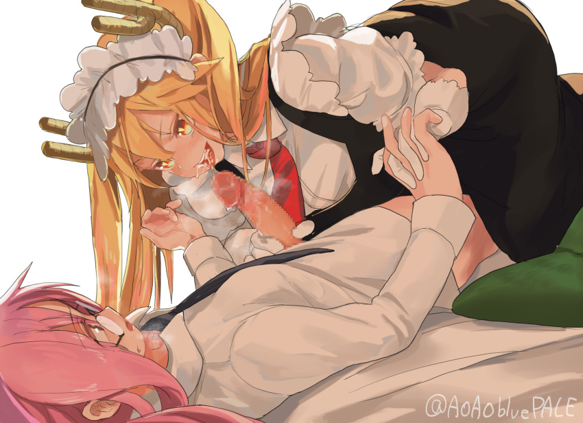 2girls aoaobluepale artist_name blonde_hair censored commentary_request cum cum_in_mouth dragon_girl fellatio futa_with_female futanari girl_on_top glasses gloves heart heart-shaped_pupils highres holding_hands kobayashi-san_chi_no_maidragon kobayashi_(maidragon) lying maid maid_headdress multiple_girls on_back open_mouth oral penis symbol-shaped_pupils teeth tongue tooru_(maidragon) twitter_username watermark yellow_eyes