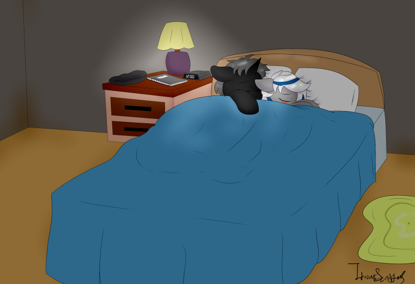 absurd_res bed bed_sheet bedding bedroom black_body black_fur blue_highlights cloak clothing detailed_background duo end_table equid equine eyes_closed female feral friendship_is_magic fur furniture grey_body grey_fur hi_res highlights_(coloring) horn horse itwasscatters lady_lightning_strike_(oc) lamp male male/female mammal my_little_pony notebook pegasus pony romantic_couple rug sleeping the_ghost_(oc) unicorn wings