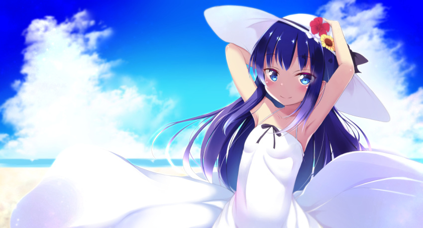 1girl armpits arms_up bangs black_bow black_ribbon blue_eyes blue_sky blurry blurry_background blush bow breasts closed_mouth cloud day depth_of_field dress eyebrows_visible_through_hair flower hat hat_bow hat_flower horizon long_hair looking_at_viewer ocean original outdoors ponpon_(tosico) purple_hair red_flower ribbon sky sleeveless sleeveless_dress small_breasts smile solo sun_hat sunflower very_long_hair white_dress white_flower white_headwear yellow_flower