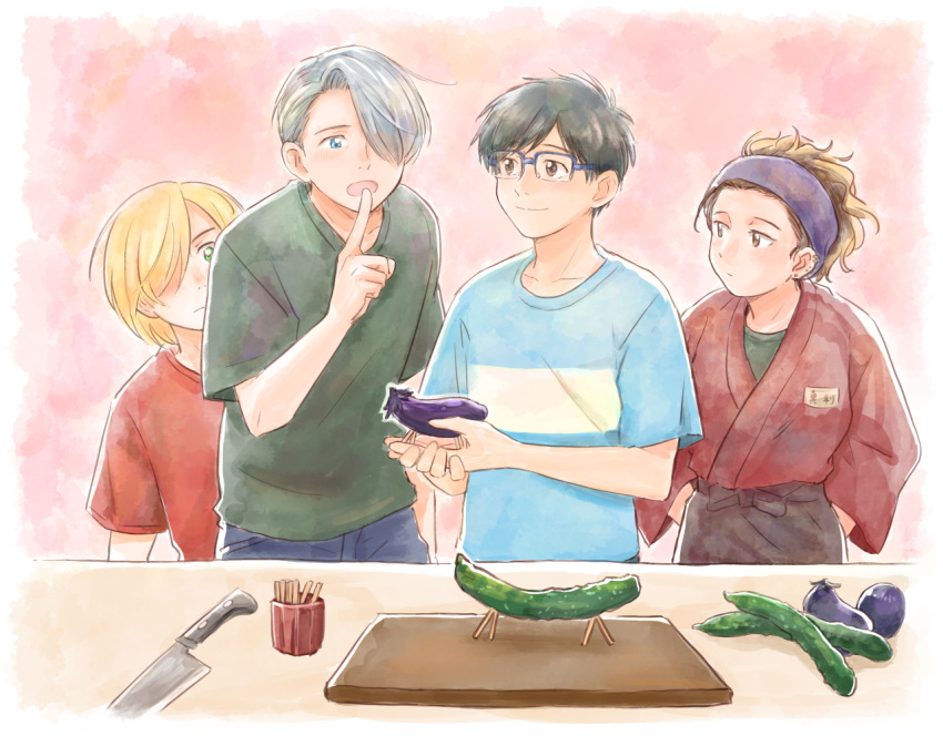 1girl 3boys black_hair blonde_hair blue-framed_eyewear blue_eyes brown_eyes brown_hair cucumber cutting_board ear_piercing eggplant finger_to_mouth glasses green_eyes hair_over_one_eye japanese_clothes katsuki_mari katsuki_yuuri knife multiple_boys open_mouth piercing shirt shouryouuma silver_hair smile t-shirt takeshi_(mononohu20) viktor_nikiforov yuri!!!_on_ice yuri_plisetsky