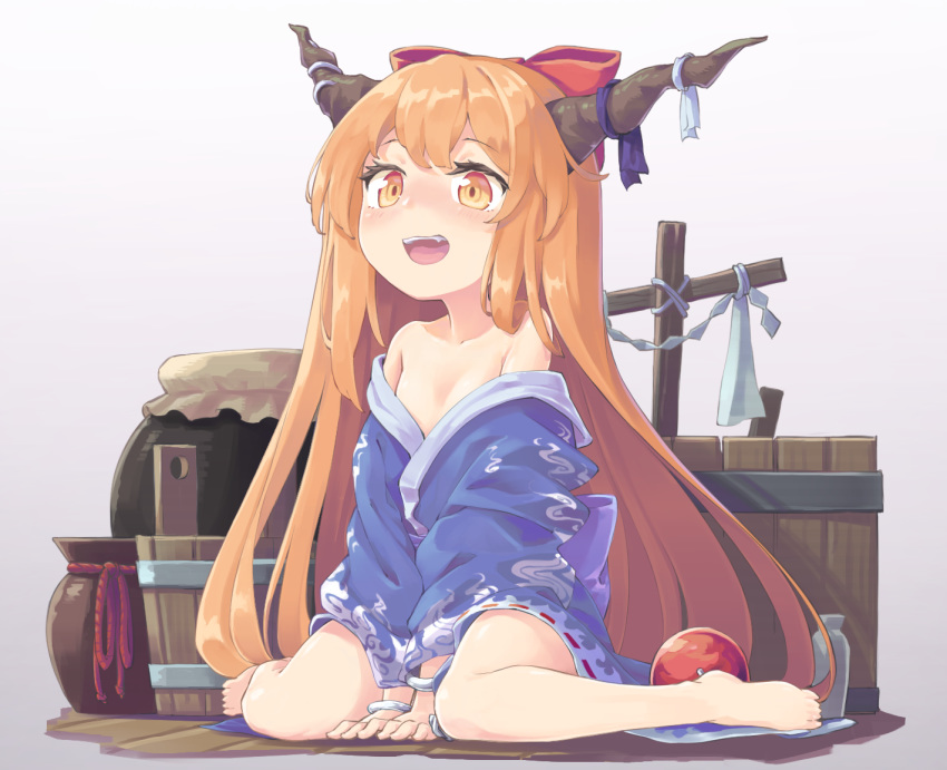 1girl barefoot blush bottle bow bucket fang flat_chest full_body grey_background hair_bow horn_ornament horn_ribbon horns ibuki_suika jar long_hair looking_at_viewer nano_(mianhua_maoqiu) open_mouth orange_eyes orange_hair red_bow ribbon sitting smile solo touhou v_arms very_long_hair wooden_bucket