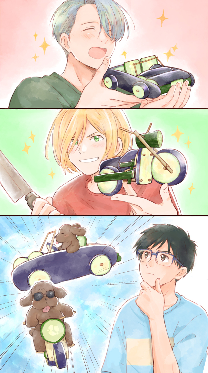 3boys ^_^ black_hair blonde_hair blue-framed_eyewear blush brown_eyes car chin_stroking closed_eyes cucumber dog eggplant glasses green_eyes ground_vehicle highres imagining katsuki_yuuri knife makkachin male_focus motor_vehicle motorcycle multiple_boys open_mouth shirt smile sparkle sunglasses t-shirt takeshi_(mononohu20) viktor_nikiforov yuri!!!_on_ice yuri_plisetsky