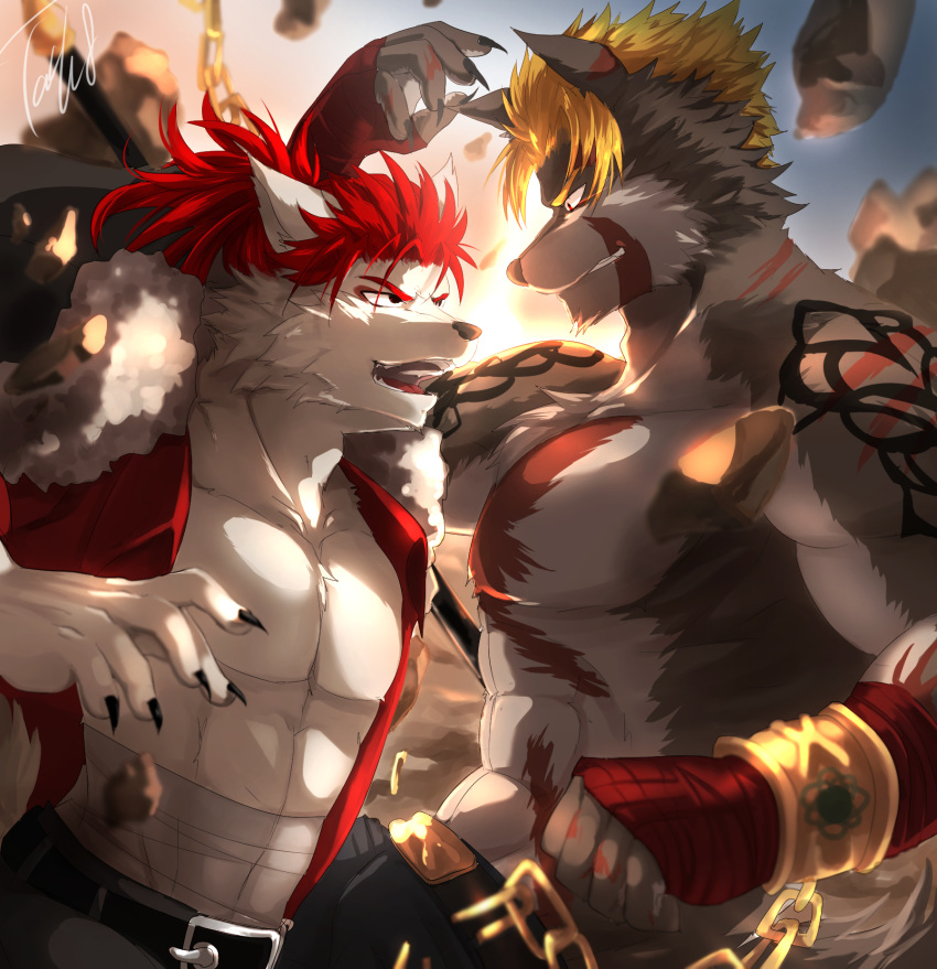 alternate_species anthro berserker_beowulf canid canine canis duo fate_(series) furrification hi_res lancer_li_shuwen male mammal muscular muscular_male red_eyes tach8 wolf