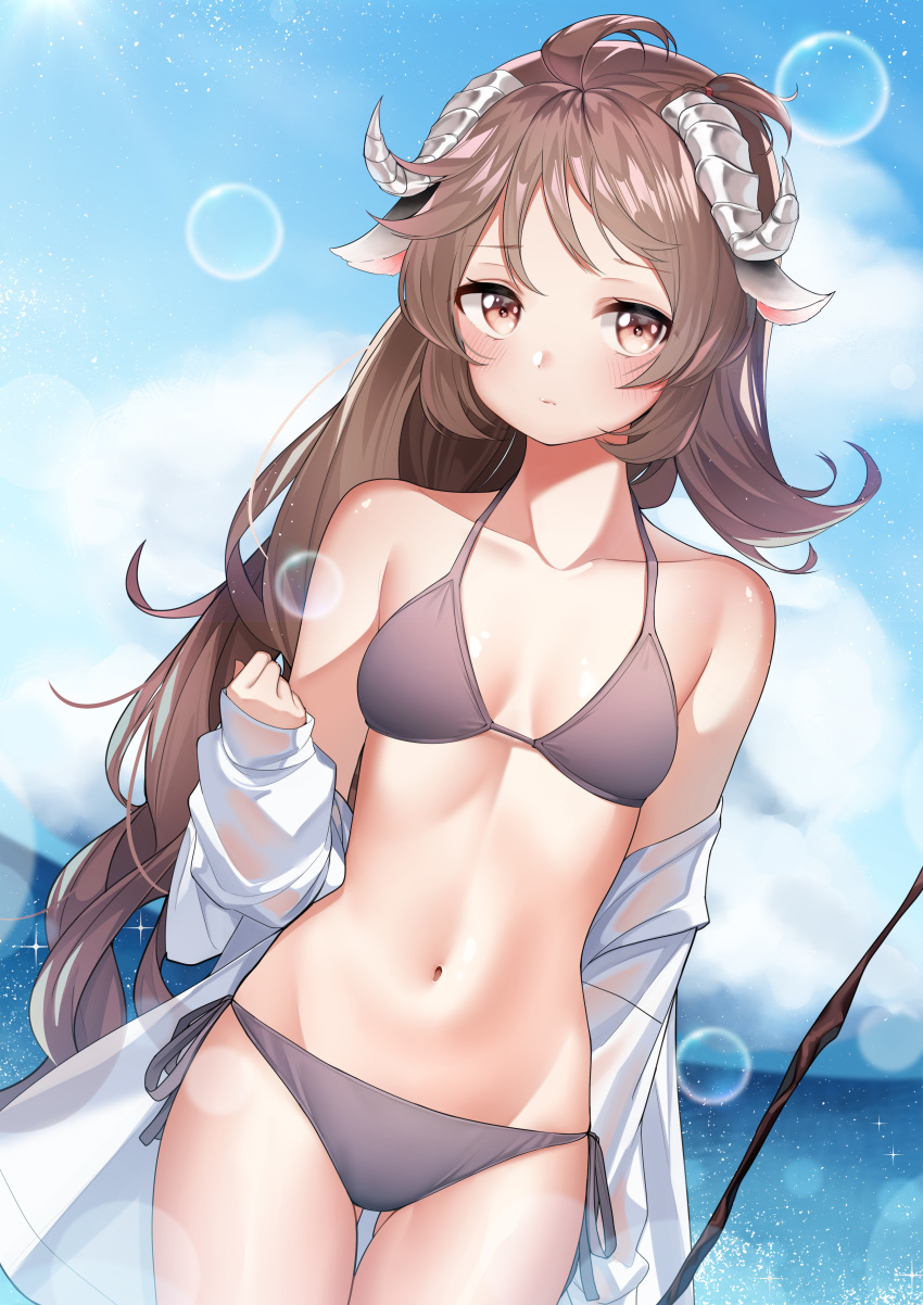 1girl absurdres ahoge animal_ears arknights bangs bikini blush breasts brown_bikini brown_hair day eyjafjalla_(arknights) groin halterneck highres holding holding_staff horns jacket long_hair looking_at_viewer navel ocean off_shoulder outdoors parted_lips red_eyes sheep_ears sheep_horns side-tie_bikini solo staff stomach swimsuit the_cold very_long_hair