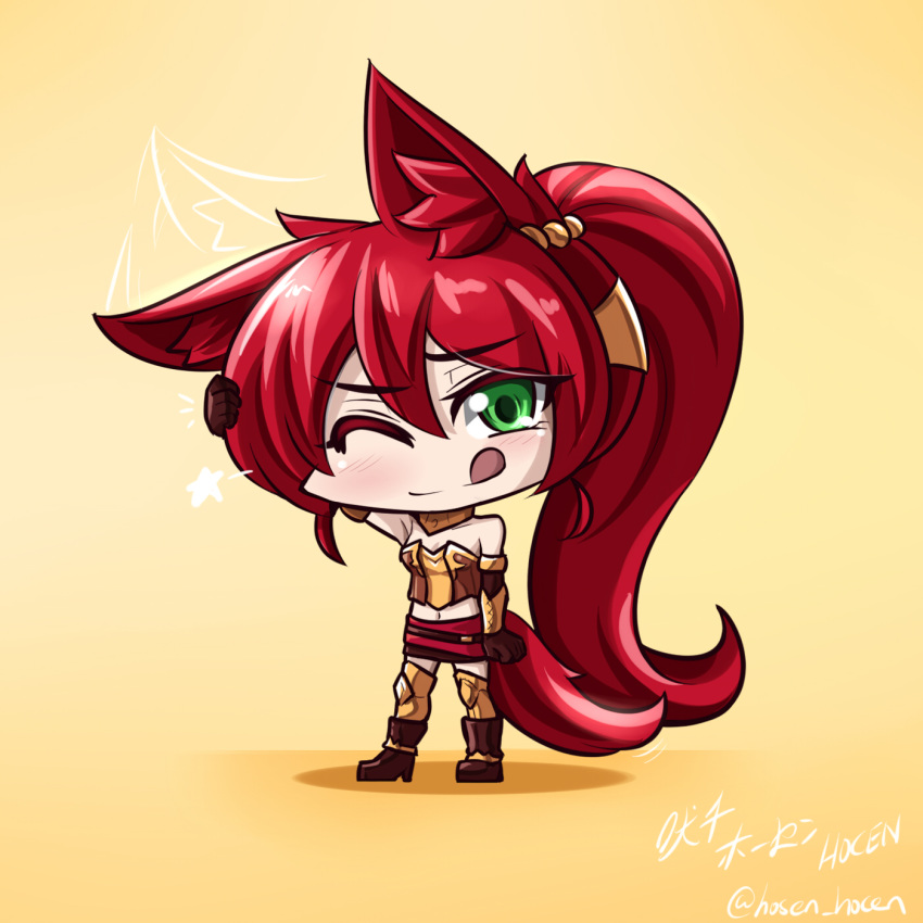 1girl animal_ears artist_name bare_shoulders chibi commentary english_commentary eyebrows_visible_through_hair full_body green_eyes hair_between_eyes highres long_hair looking_at_viewer miniskirt navel one_eye_closed ponytail pyrrha_nikos red_hair rwby skirt solo standing tail tongue tongue_out twitter_username vilde_loh_hocen watermark wolf_ears wolf_girl wolf_tail