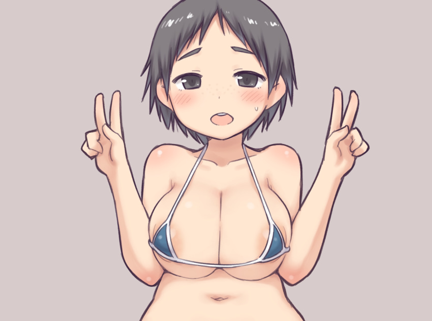 aaaa bikini black_eyes black_hair blush breasts cropped gray nipples original short_hair swimsuit