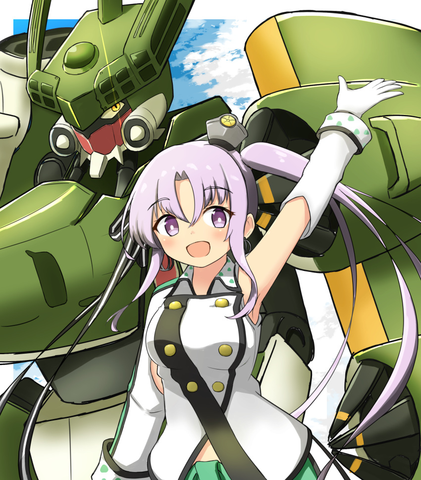 1girl absurdres ahoge akitsushima_(kantai_collection) blue_sky cloud commentary_request crossover gloves grey_hair h8k hair_ornament hair_ribbon highres kantai_collection long_hair looking_at_viewer mecha military military_uniform nishikitaitei-chan purple_eyes ribbon robot shonasan side_ponytail sidelocks sky smile uniform upper_body white_gloves