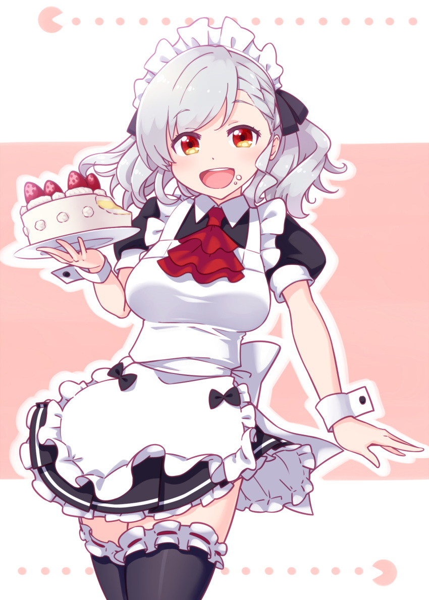 1girl :d alternate_costume apron bangs black_bow black_legwear bow breasts brown_background cake commentary_request dress enmaided eyebrows_visible_through_hair food food_on_face frilled_apron frilled_dress frilled_legwear frills fruit girls_frontline grey_hair hair_bow highres holding holding_plate long_hair maid maid_apron maid_headdress medium_breasts open_mouth pac-man pac-man_(game) plate pleated_skirt puffy_short_sleeves puffy_sleeves red_eyes ribbon-trimmed_legwear ribbon_trim sansei_rain short_sleeves skirt smile solo spas-12_(girls_frontline) strawberry thighhighs two-tone_background upper_teeth white_apron white_background wrist_cuffs