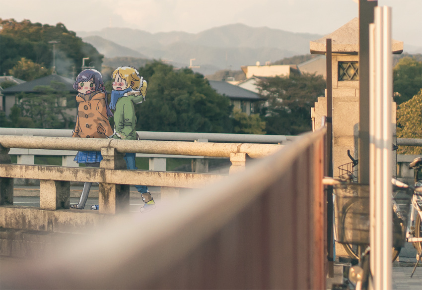 :o ahoge arms_at_sides ayase_eli backlighting bangs bicycle_basket black_eyes black_legwear blonde_hair blue_footwear blue_pants blue_scarf blue_skirt blurry blurry_background blush blush_stickers bridge brown_footwear brown_jacket brown_scarf d: denim depth_of_field eyebrows_visible_through_hair fringe_trim from_side fur-trimmed_hood fur-trimmed_sleeves fur_trim green_eyes green_jacket hair_ornament hair_scrunchie hasu_(zatsugami) hood hood_down hooded_jacket jacket jeans long_hair long_sleeves looking_at_another looking_away looking_to_the_side love_live! love_live!_school_idol_project low_twintails morning mountainous_horizon no_nose nose_blush open_mouth outdoors pants pantyhose plaid plaid_scarf plaid_skirt pleated_skirt ponytail profile purple_hair railing scarf scenery scrunchie skirt sky swept_bangs tareme toujou_nozomi tree twintails walking white_scrunchie wide_shot winter_clothes