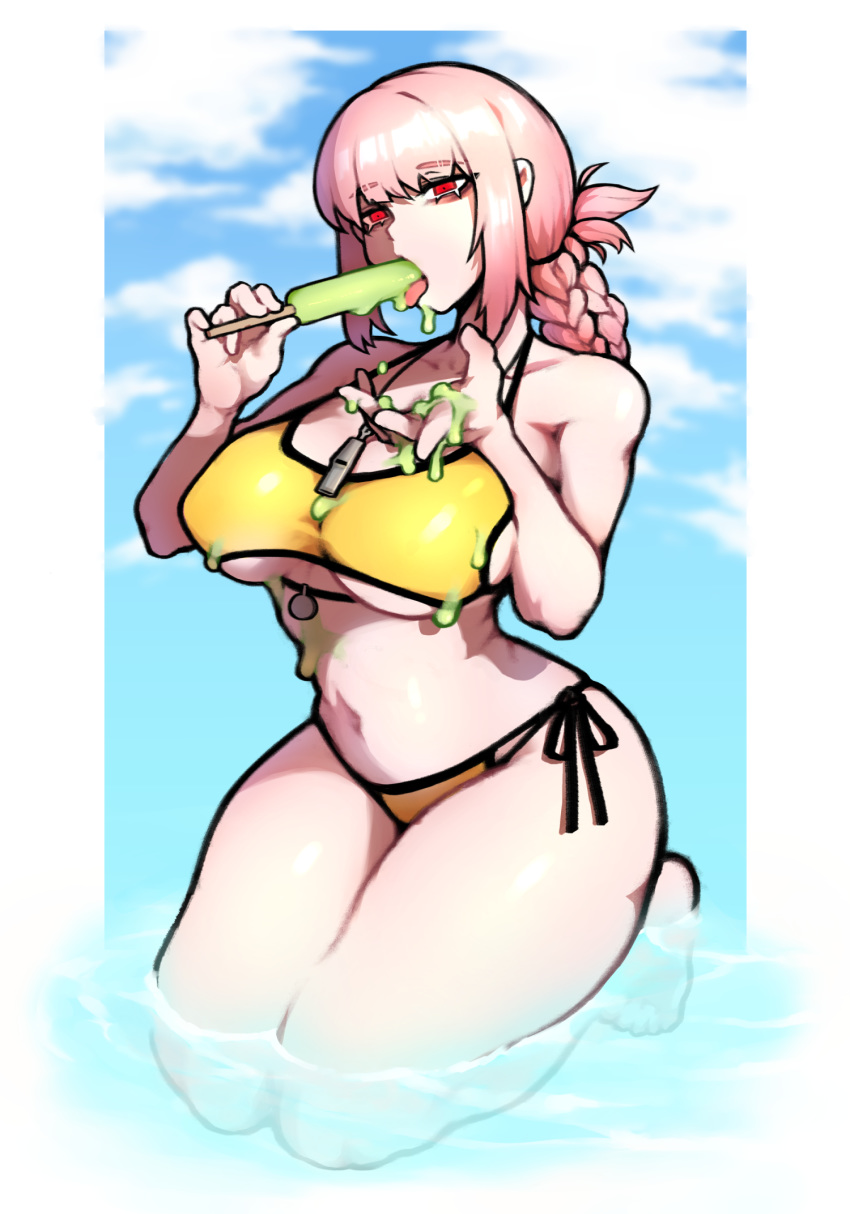 1girl babo bangs bikini braid breasts chaldea_lifesavers eyebrows_visible_through_hair fate/grand_order fate_(series) florence_nightingale_(fate/grand_order) folded_ponytail food highres kneeling long_hair navel pink_hair popsicle red_eyes solo swimsuit tongue tongue_out wading whistle whistle_around_neck yellow_bikini