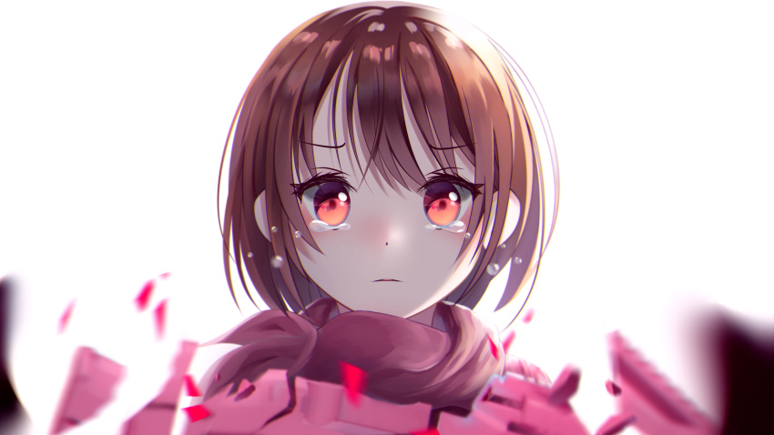 brown_hair close crying gun_gale_online llenn_(sao) red_eyes scarf short_hair sword_art_online tagme_(artist) tears white