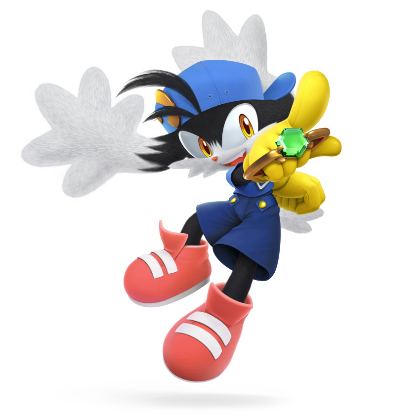 absurdres bal_(uqdf) black_fur blue_headwear blue_pants blue_shirt fur gem gloves highres jewelry kaze_no_klonoa klonoa long_legs open_mouth pac-man pants pink_nose red_footwear ring shirt smile super_smash_bros. tail white_background white_fur yellow_eyes yellow_gloves zipper