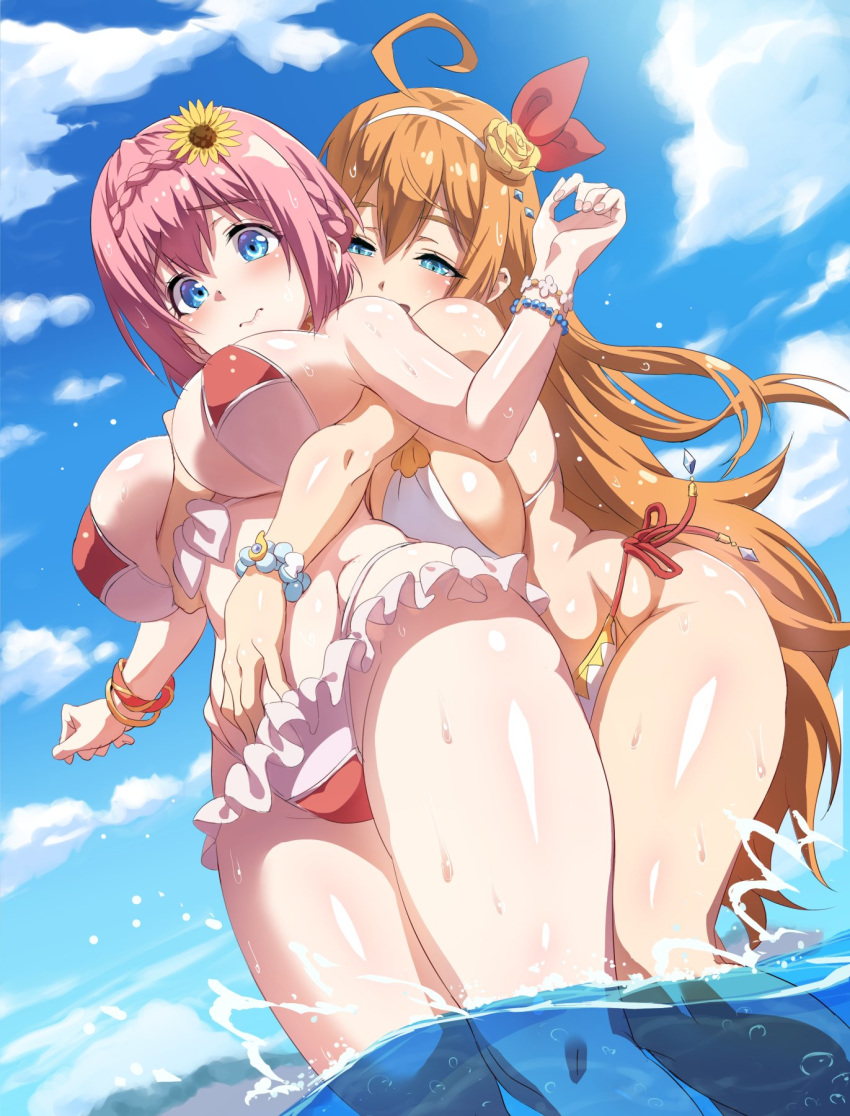 2girls ahoge bangs bare_shoulders between_breasts bikini bikini_skirt blue_eyes blue_sky blush bracelet breasts closed_mouth cloud commentary day eyebrows_visible_through_hair flower from_below grabbing grabbing_from_behind groin hair_between_eyes hair_flower hair_ornament hairband half-closed_eyes hand_between_breasts hand_on_another's_stomach highres hokkyoku_hotaru jewelry large_breasts leaning_forward long_hair looking_down multiple_girls open_mouth orange_hair outdoors pecorine pink_hair princess_connect! princess_connect!_re:dive raised_eyebrows red_bikini red_ribbon ribbon shiny shiny_hair shiny_skin short_hair side-tie_bikini sky standing sunflower swimsuit thick_thighs thighs very_long_hair wading water wet wet_hair yellow_flower yui_(princess_connect!) yuri