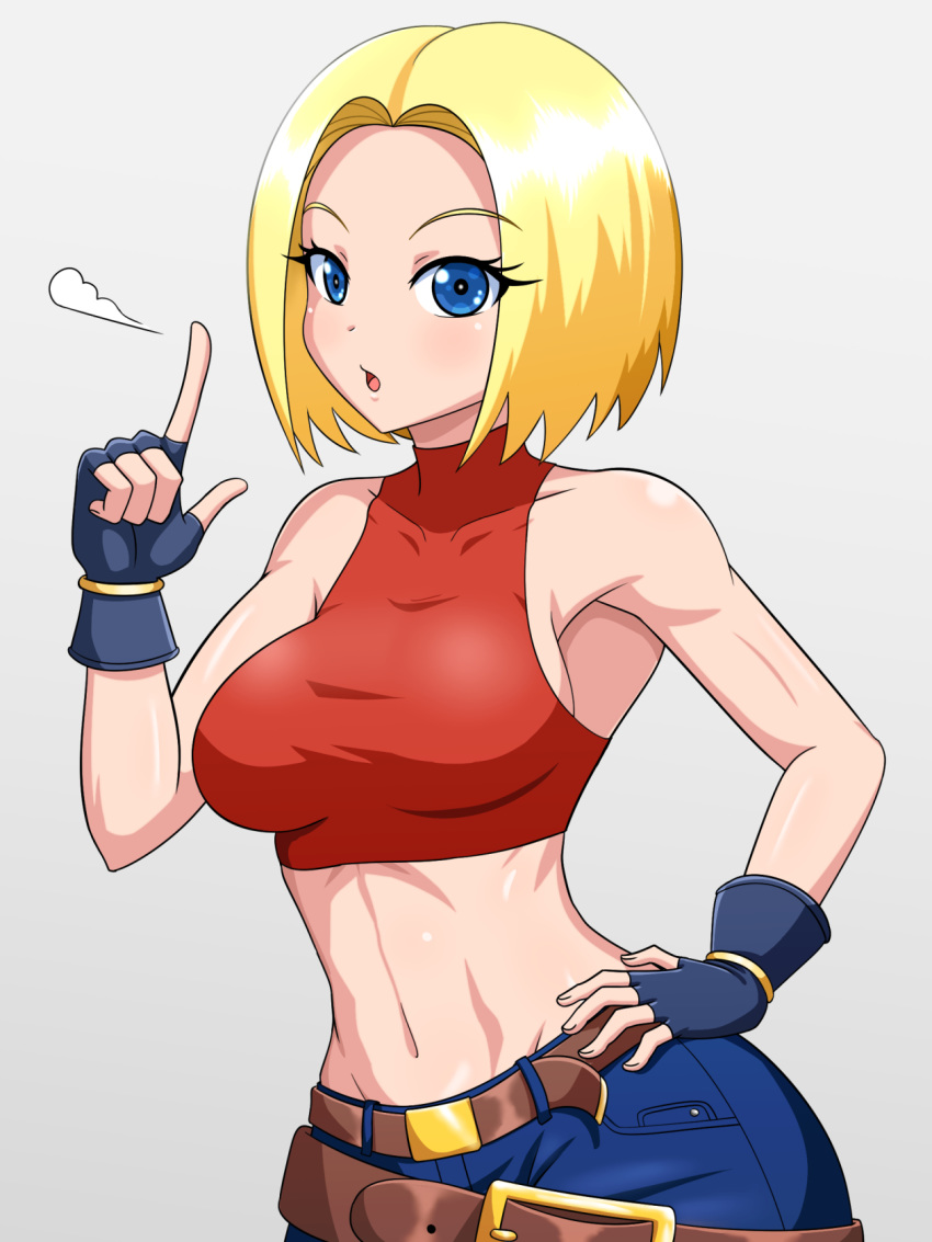 1girl armpits bare_shoulders belt blonde_hair blue_eyes blue_mary breasts crop_top fatal_fury fingerless_gloves gloves highres looking_at_viewer midriff navel short_hair simple_background sleeveless solo the_king_of_fighters white_background yensh