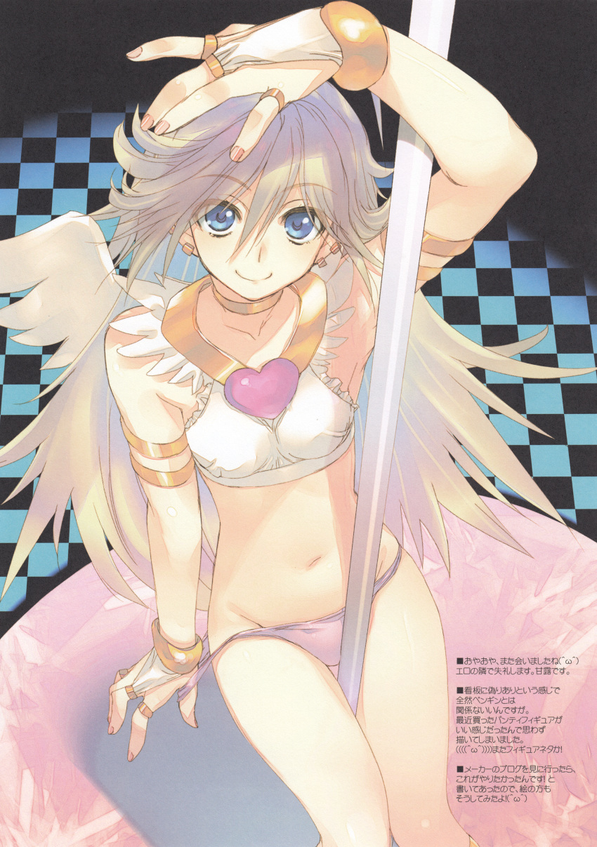 1girl absurdres bangs between_legs blonde_hair blue_eyes breasts checkered checkered_floor closed_mouth collarbone earrings eyebrows_visible_through_hair fingernails highres huge_filesize jewelry long_hair looking_at_viewer medium_breasts mini_wings mitsumi_misato navel panties panty_&amp;_stocking_with_garterbelt panty_(psg) panty_pull pink_panties pole_dancing pulled_by_self simple_background sleeveless smile solo stomach stripper_pole underwear