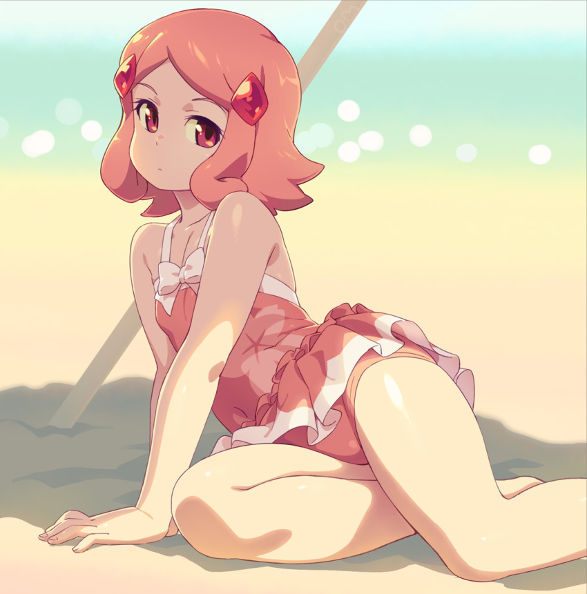 1girl arm_support beach cherry_blossom_print covered_navel expressionless floral_print hair_ornament hairclip highres leaning_to_the_side legs om_(nk2007) one-piece_swimsuit outdoors pink_eyes pink_hair pink_skirt pink_swimsuit print_swimsuit puzzle_&amp;_dragons short_hair sitting skirt solo swimsuit swimsuit_skirt thighs uzuki_sakura