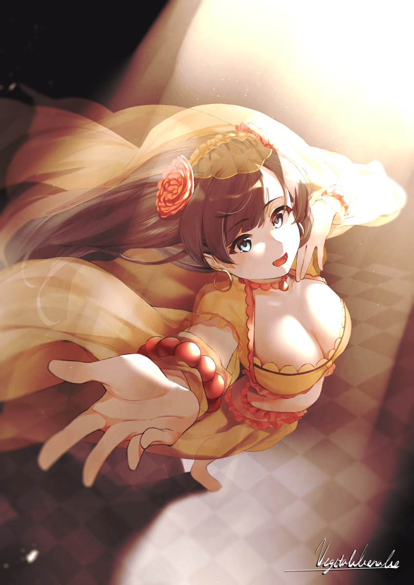 1girl absurdres blue_eyes breasts brown_hair choker dancer earrings fate/grand_order fate_(series) flower from_above hair_flower hair_ornament highres hoop_earrings jewelry large_breasts long_hair mata_hari_(fate/grand_order) orange_veil red_flower shawl solo standing vegetablenabe