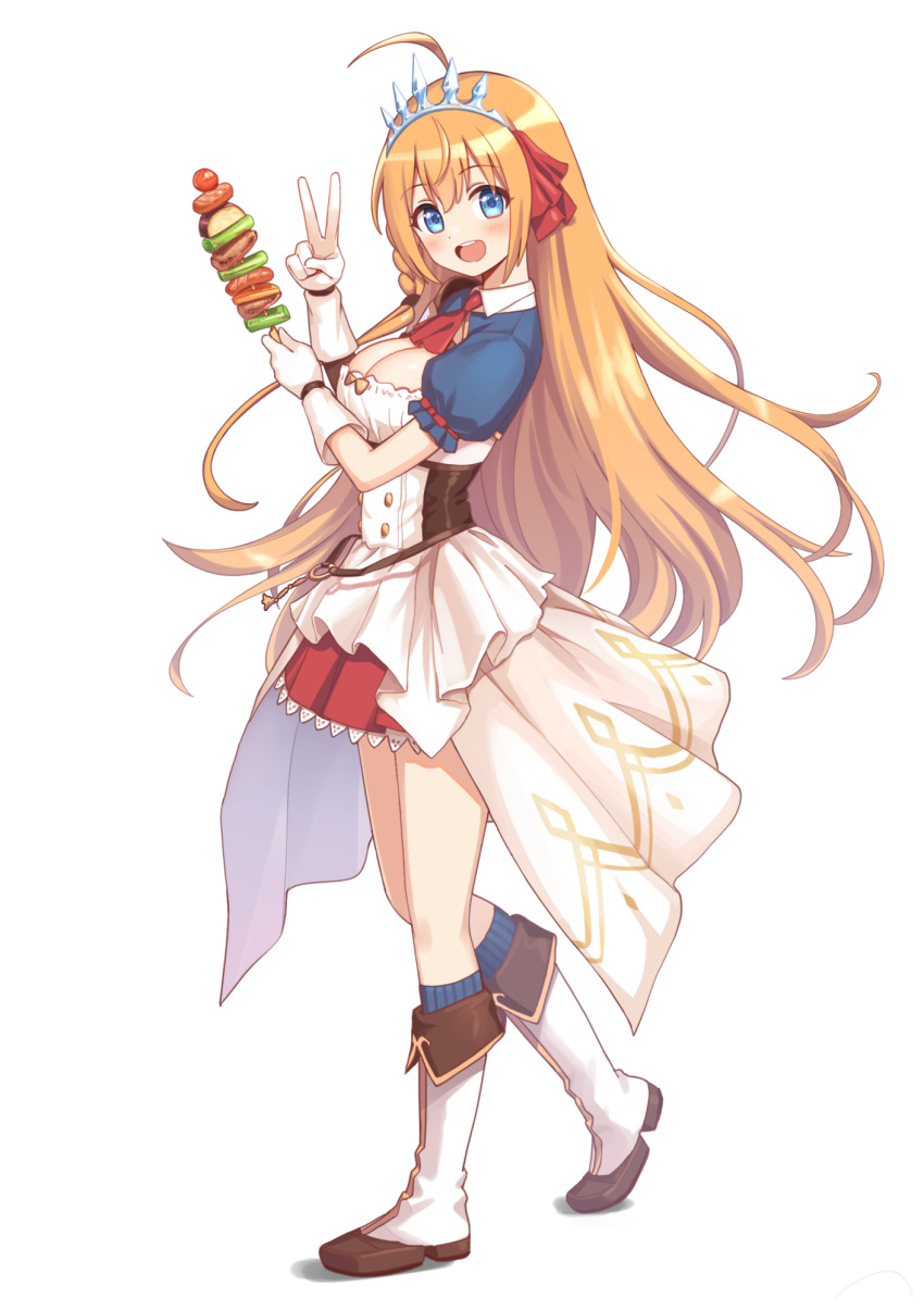 1girl blue_eyes breasts cleavage deadnooodles food highres holding holding_food kebab long_hair looking_at_viewer medium_breasts open_mouth orange_hair pecorine princess_connect! princess_connect!_re:dive solo v walking white_background