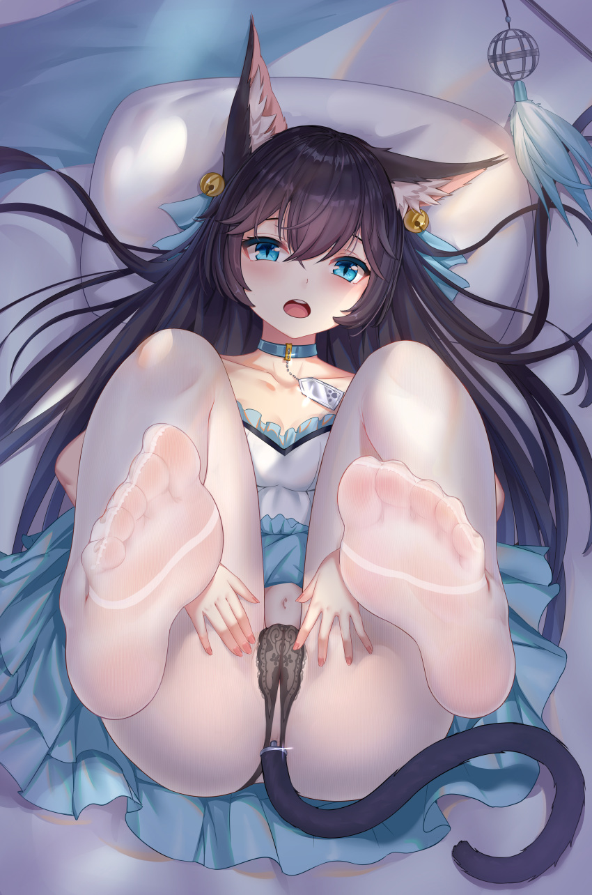 1girl absurdres anal anal_object_insertion anal_tail animal_ear_fluff animal_ears aqua_eyes bangs bare_shoulders bed bed_sheet bell black_hair black_panties blue_choker blue_dress blue_ribbon blue_skirt blush breasts butt_plug cat_ears cat_girl cat_tail chinese_commentary choker cleavage collarbone commentary_request dress eyebrows_visible_through_hair eyelashes eyeliner fake_tail feet fingernails foreshortening glint hair_bell hair_between_eyes hair_ornament hair_ribbon highres hong_bai indoors jingle_bell lace lace_panties legs legs_up long_fingernails long_hair looking_at_viewer lying makeup mascara medium_breasts nail_polish no_shoes object_insertion on_back on_bed open_mouth original panties pantyhose pillow pink_nails pov_feet ribbon sex_toy shirt short_sleeves sidelocks skirt skirt_set slit_pupils small_breasts soles solo strapless strapless_dress tail toe_scrunch toenails toes two-tone_dress two_side_up underwear upper_teeth very_long_hair white_dress white_legwear white_shirt wind_chime