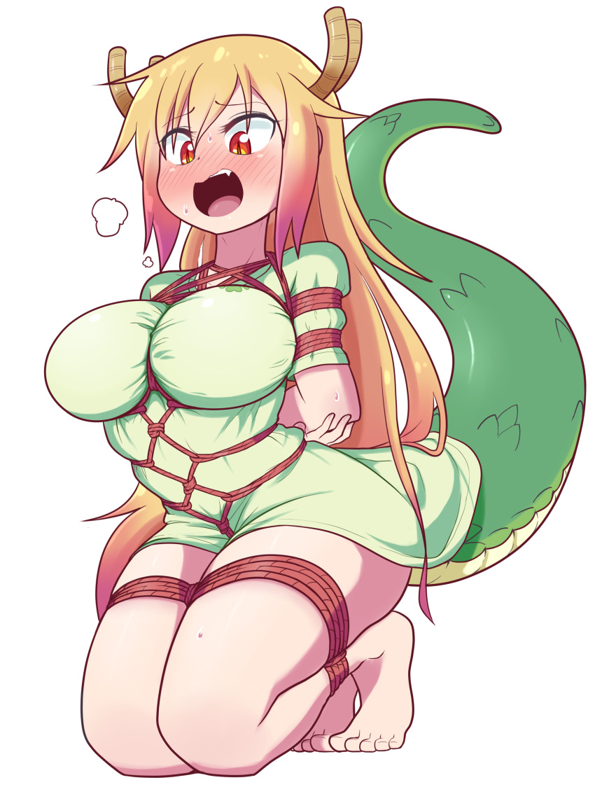 5_toes absurd_res animal_humanoid arms_bound bagelbombed big_breasts blonde_hair blush bodily_fluids bound breasts clothed clothing dragon dragon_humanoid eyebrow_through_hair eyebrows eyelashes female fingers green_body green_scales hair hands_behind_back hi_res horn humanoid legs_bound long_hair miss_kobayashi's_dragon_maid open_mouth pupils red_eyes rope rope_bondage scales shirt simple_background slit_pupils solo sweat sweatdrop teeth thick_thighs toes tohru_(dragon_maid) tongue topwear translucent translucent_hair white_background