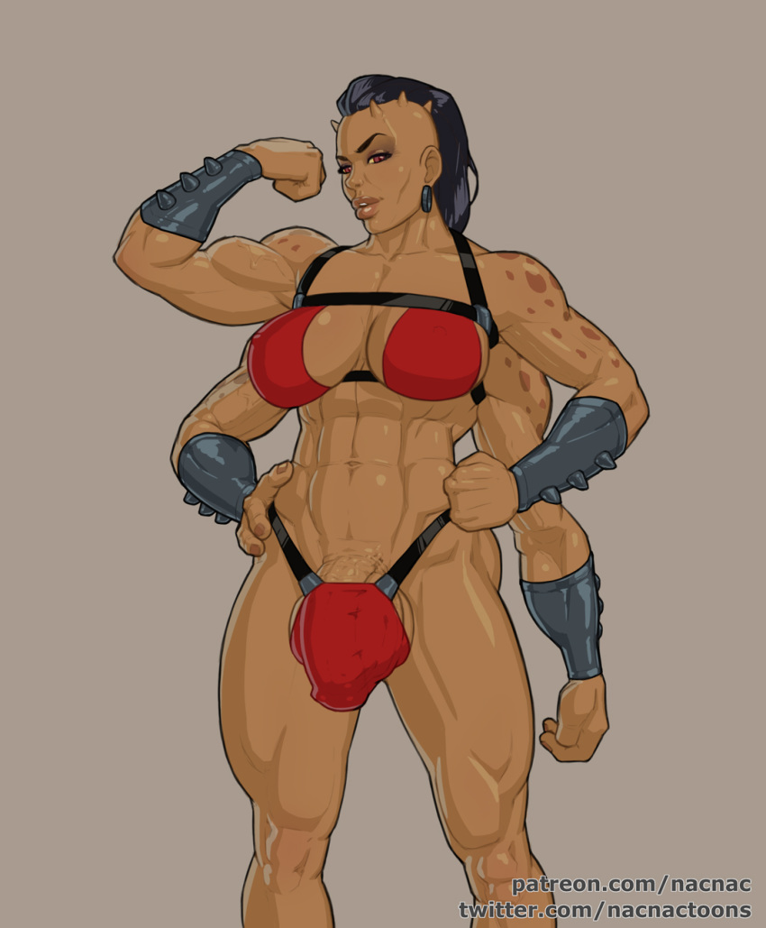 2020 3_fingers 4_arms abs black_hair breasts bulge clothed clothing crossgender draco_shokan ear_piercing ear_ring fingers flexing ftg_crossgender fti_crossgender genitals grey_background gynomorph hair hand_on_hip hi_res humanoid intersex mortal_kombat multi_arm multi_limb muscular muscular_gynomorph muscular_humanoid muscular_intersex nacnac nipple_outline not_furry penis penis_base piercing red_eyes sheeva shokan simple_background solo text url video_games