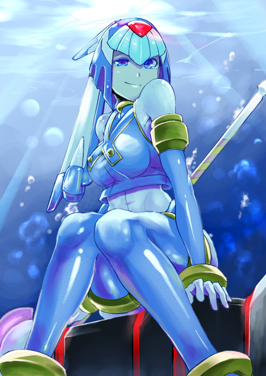 1girl absurdres alternate_breast_size android arm_support blue_eyes breasts capcom daisukeabe helmet highres knees_together_feet_apart large_breasts leviathan_(rockman) polearm rockman rockman_zero sitting smile solo spear underwater weapon