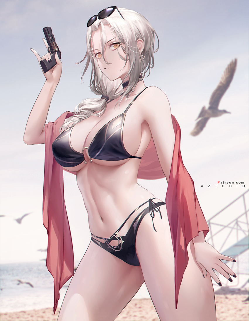 1girl arm_at_side artist_name azto_dio bare_shoulders bikini black-framed_eyewear black_bikini black_choker black_ribbon braid breasts carmilla_(fate/grand_order) carmilla_(swimsuit_rider)_(fate) choker cleavage commentary cowboy_shot earrings english_commentary eyewear_on_head fate/grand_order fate_(series) gun hair_between_eyes highres holding holding_gun holding_weapon jewelry large_breasts long_hair looking_at_viewer navel orange_eyes parted_lips ribbon serious shawl side-tie_bikini silver_hair single_braid solo stomach sunglasses swimsuit thighs trigger_discipline underboob weapon weapon_request