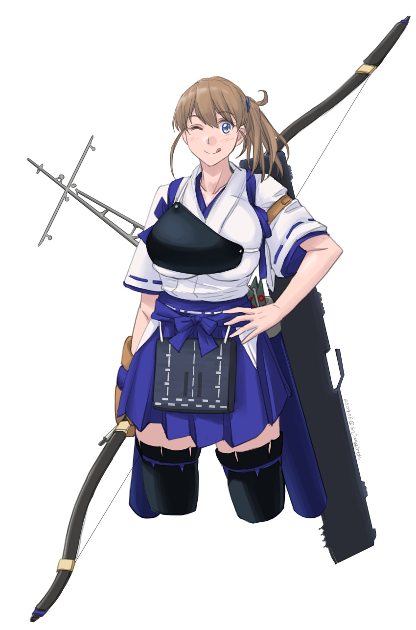 1girl absurdres alternate_costume alternate_hairstyle black_legwear blue_eyes blue_hakama bow_(weapon) breasts brown_gloves cosplay flight_deck gloves hakama hakama_skirt highres holding holding_bow_(weapon) holding_weapon intrepid_(kantai_collection) japanese_clothes kaga_(kantai_collection) kaga_(kantai_collection)_(cosplay) kantai_collection large_breasts light_brown_hair long_hair muneate one_eye_closed partly_fingerless_gloves short_sidetail side_ponytail single_glove smile solo sozan standing tasuki thighhighs weapon yugake yumi_(bow)