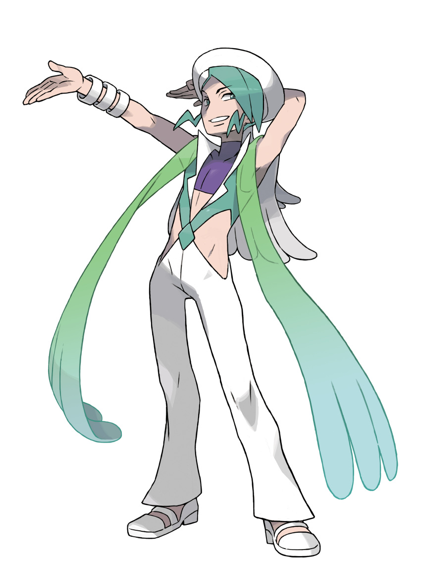 1boy absurdres aqua_eyes aqua_hair aqua_vest arm_behind_head armpits arms_up artist_request bangle bangs beret bracelet capelet covered_collarbone crop_top eyebrows_visible_through_hair full_body gradient grin gym_leader happy hat highres jewelry looking_to_the_side male_focus official_art outstretched_arm pants pokemon pokemon_(game) pokemon_oras purple_shirt see-through shiny shiny_hair shirt shoes short_hair skin_tight sleeveless sleeveless_shirt smile solo standing swept_bangs teeth transparent_background turtleneck wallace_(pokemon) white_capelet white_footwear white_headwear white_pants