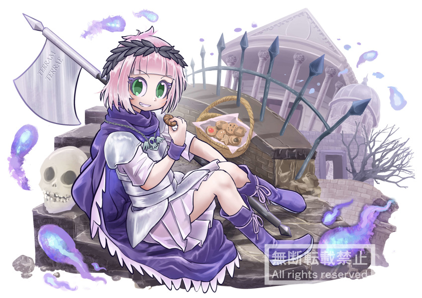 1girl absurdres armor axe bangs bare_tree basket blunt_bangs bob_cut boots brooch cape chamaji commission cookie cuirass dominions eating fence food frilled_cape frilled_skirt frills from_side green_eyes grin highres hitodama holding holding_axe holding_cookie jewelry knees_together_feet_apart knees_up lavender_hair lavender_skirt looking_at_viewer olive_wreath purple_cape purple_footwear roman_clothes rome sceleria-chan short_hair short_sleeves sidelocks sitting skirt skull smile solo teeth temple tree watermark wrist_cuffs