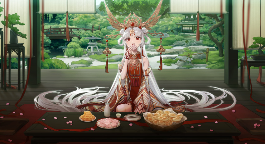 blush building chinese_clothes coney drink food headdress long_hair original red_eyes ribbons scenic tree water white_hair wristwear