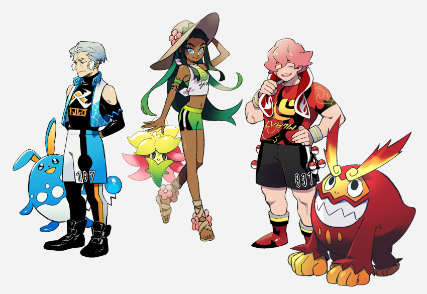 1girl 2boys alternate_element arms_behind_back azumarill bare_shoulders bike_shorts black_hair dark_skin darmanitan darmanitan_(standard) flower gen_2_pokemon gen_5_pokemon gen_8_pokemon gossifleur grey_background grey_hair gym_leader hat highres kabu_(pokemon) kobayashi_(oksk0x0) legwear_under_shorts milo_(pokemon) multiple_boys nessa_(pokemon) pantyhose pink_hair poke_ball poke_ball_(basic) pokemon pokemon_(creature) pokemon_(game) pokemon_swsh sandals shirt shorts simple_background sun_hat tied_shirt towel towel_around_neck vest wristband