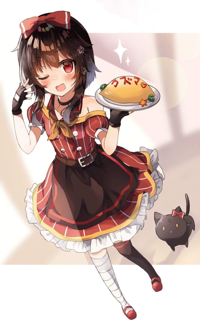 1girl absurdres bandaged_leg bandages bare_shoulders black_hair black_legwear blush bow cat chomusuke dress fingerless_gloves food frilled_dress frills from_above gloves hair_bow hat highres kono_subarashii_sekai_ni_shukufuku_wo! looking_at_viewer megumin one_eye_closed open_mouth red_eyes short_hair_with_long_locks single_thighhigh smile solo thighhighs yuno_(suke_yuno)